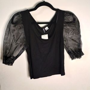 H&M Divided‎ Black Sheer Puff Sleeve Top Women's Size Medium
